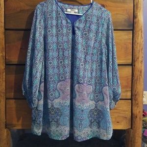 Blue, turquoise, black and pink layered blouse